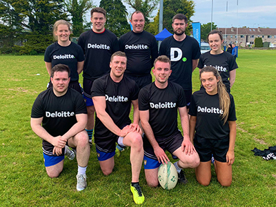 Team Deloitte Ireland at the Chartered Accountants Cork Society Tag Rugby Tournament sponsored by Brightwater in Cork Constitution FC 